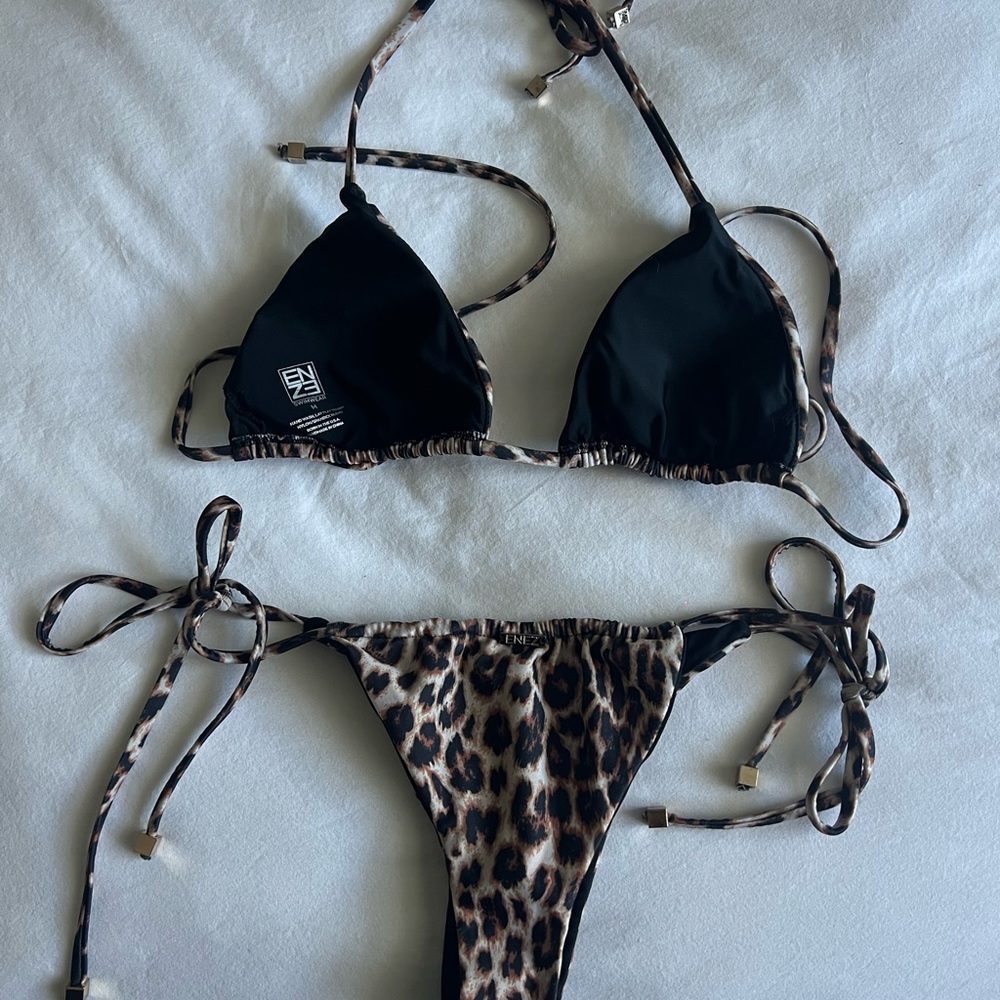 Leopard Print String Bikini Top & Bottom - Brown … - image 2